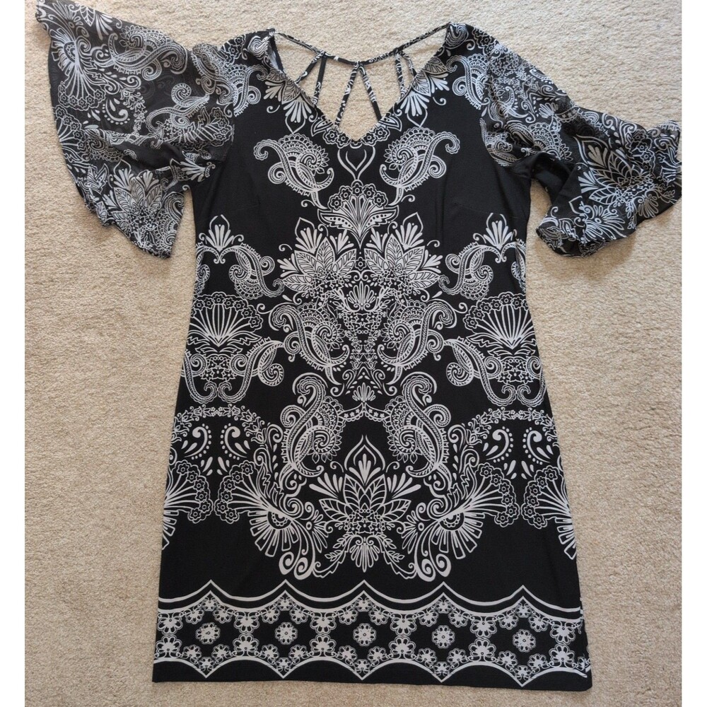 MSK Womens Flutter Sleeve Black Strappy Back Shift V Neck Dress XL Paisley